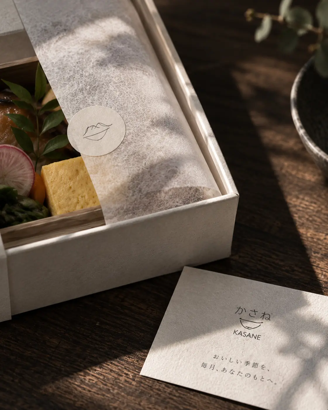 Closed KASANE bento box and chopsticks arranged in soft botanical shadows